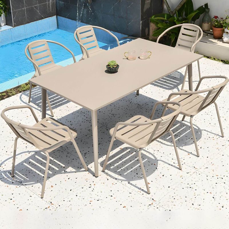 "Stackable Beige Metal Arm Chair with Waterproof Durability - Modern Style - 6 Piece Set"