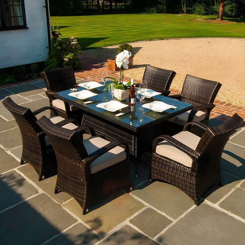 "Glass Brown Dining Table Set with Rattan Chairs for Courtyard - Table & Chair(s) 59"L x 31"W x 28"H 6 Coffee"