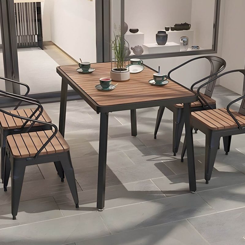 "Industrial Metal Outdoor Dining Table with Wood Top, Perfect for Patios and Outdoor Gatherings - Table Only Black 55.1"L x 27.6"W x 29.5"H"