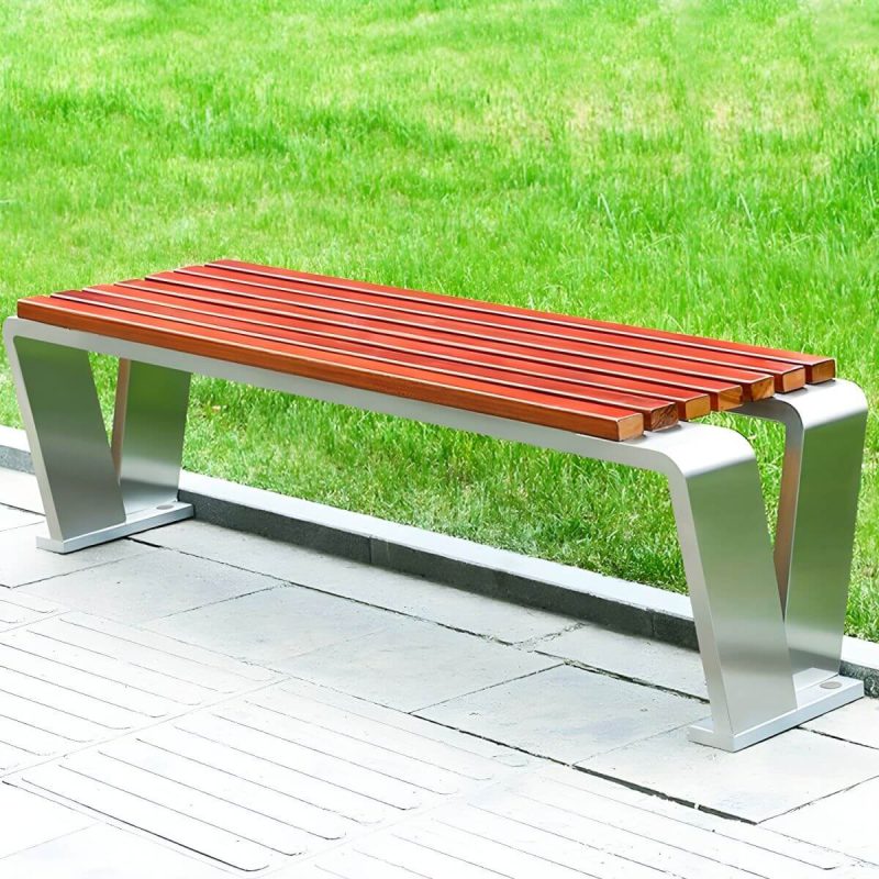 "Modern Garden Bench with Stainless Steel Frame and Waterproof Wood Seating - 59"L x 17"W x 17"H"