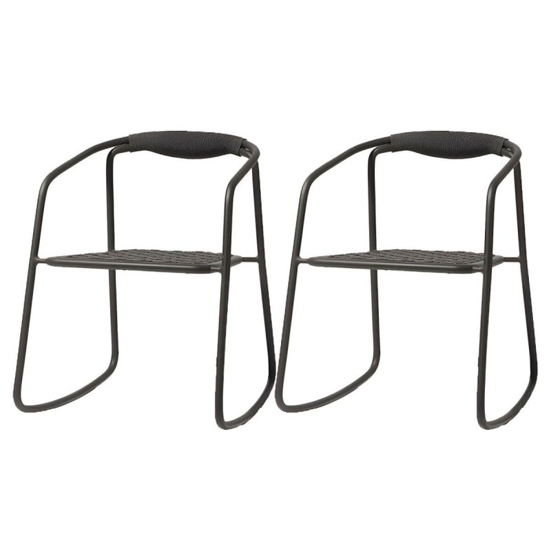 "Farmhouse Aluminum With Arm Open Back Stacking Patio Dining Chair - 2 Piece Set Black Rope"
