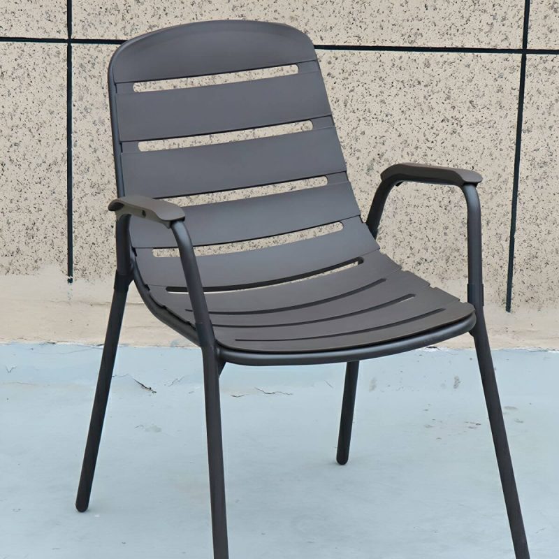 "Modern Black Metal Arm Chair with Stackable Design and Waterproof Durability - 8 Piece Set"