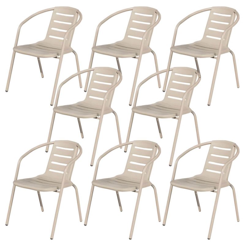 "Modern Rust Resistant Brown Metal Stackable Arm Chair for Outdoor Dining - 8 Piece Set"