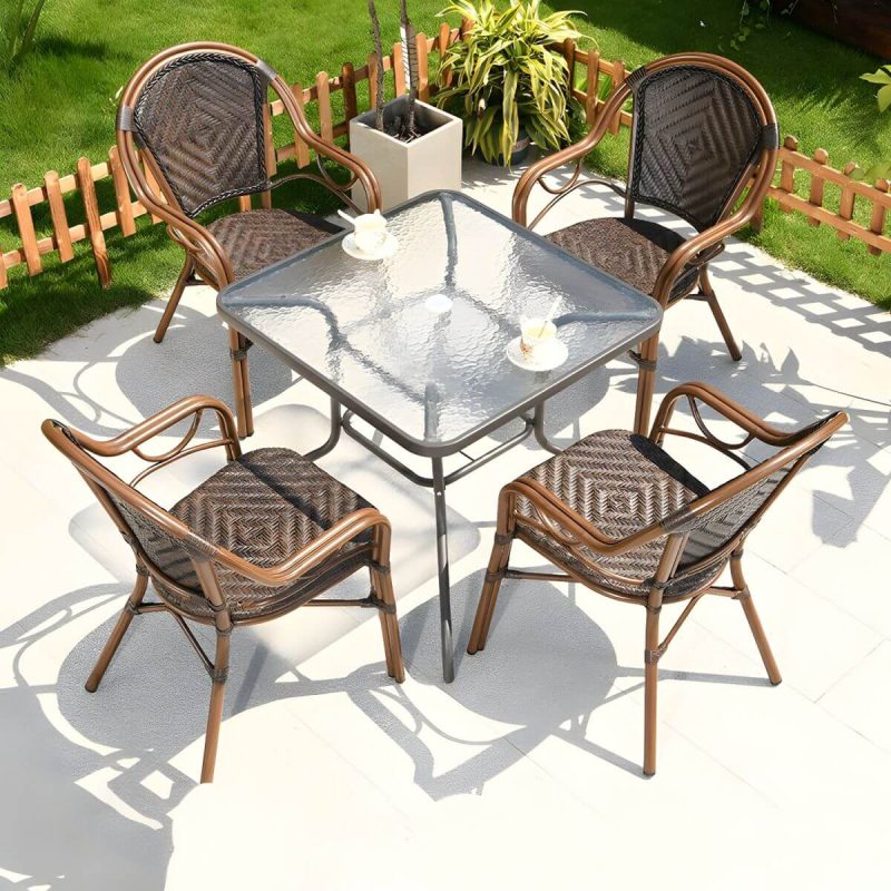 "Contemporary Dining Table Set with Brown Woven Chair for Courtyard - Table & Chair(s) 32"L x 32"W x 28"H 4"
