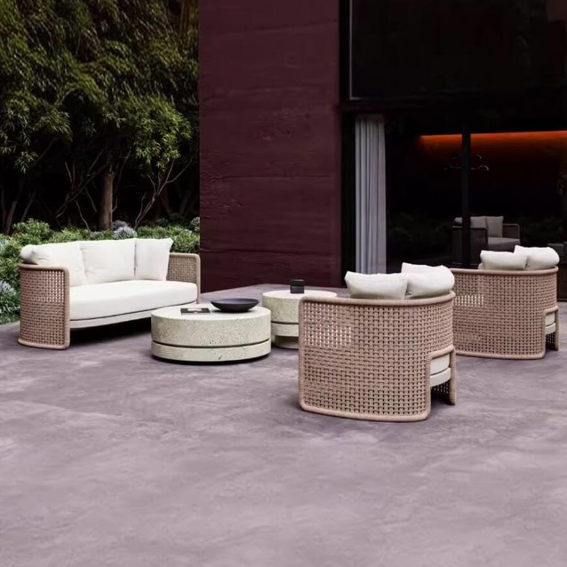"Trendy U-Shape Sofa for 3 with Brown Frame, Sponge Fill, UV Resistance, and Cushion Included, Cord, 3-Seater Sofa"