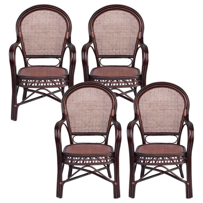 "Traditional 40.55" Height Solid Color Rattan Outdoor Dining Armchair - Dark Brown 4 Piece Set"
