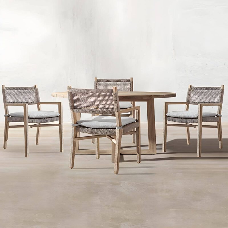 "Traditional Teak Natural Solid Wood Stacking Upholstered Outdoor Bistro Chairs - 4 Piece Set With Arms 45 Density Foam"