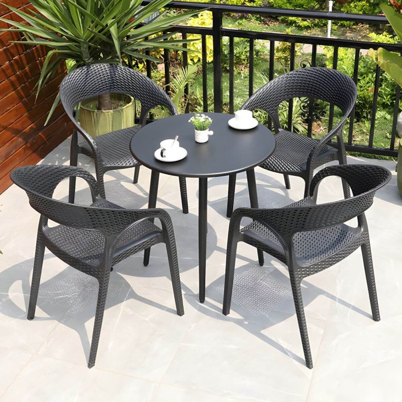 "Black Plastic Outdoor Chair Tropical Dining Armchair Stacking Armchair - 2 Piece Set"