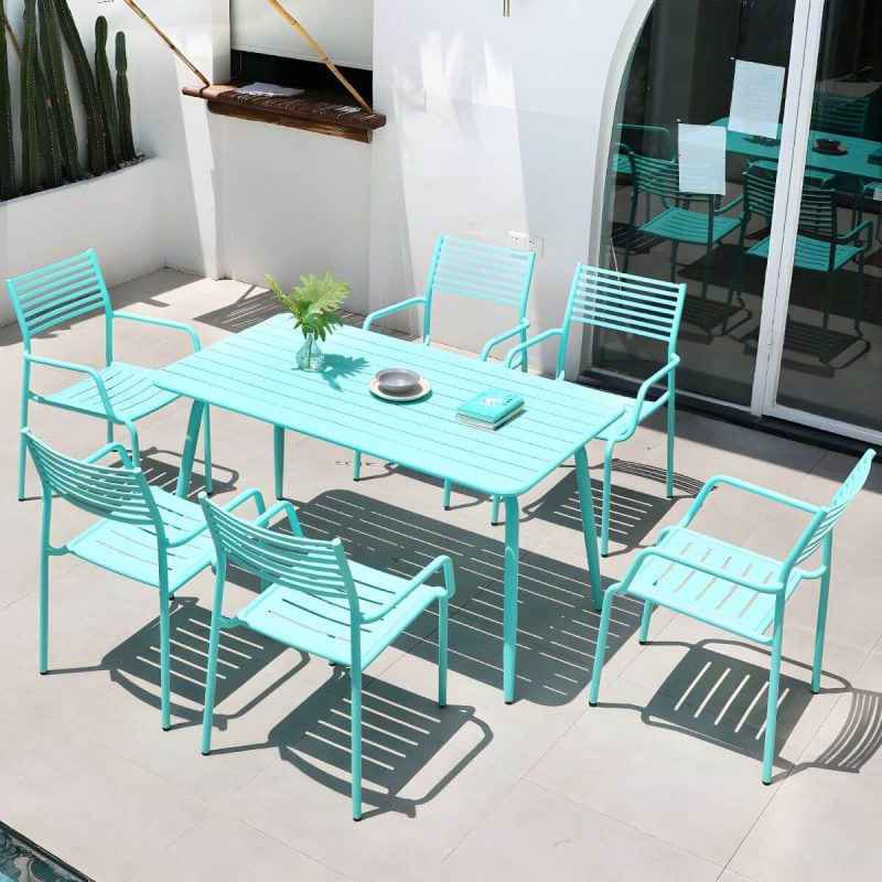 "Metal Modern Standard Height Dining Room Chair and Table Set with Chairs - Table & Chair(s) 55"L x 31"W x 29"H 6 Blue"