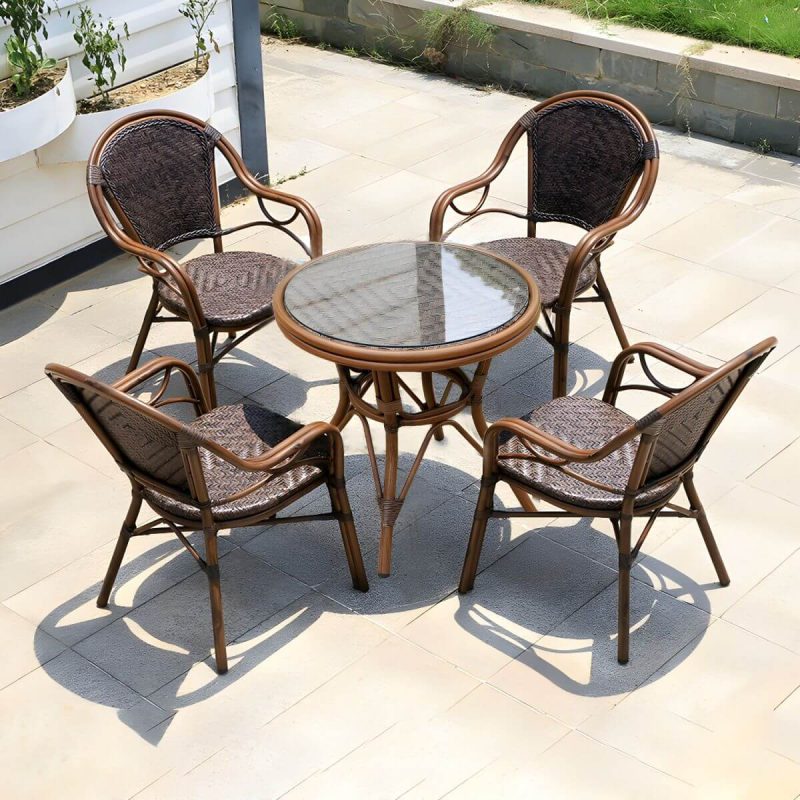 "Modern Brown Glass Top Patio Table Set Metal 4 Legs for Outdoor - Table & Chair(s) 23.6"L x 23.6"W x 29.5"H 4"