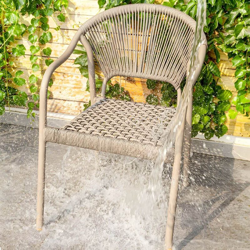 "Modern Stackable Brown Metal Arm Chair with Wicker Back for Patio Dining - 6 Piece Set"