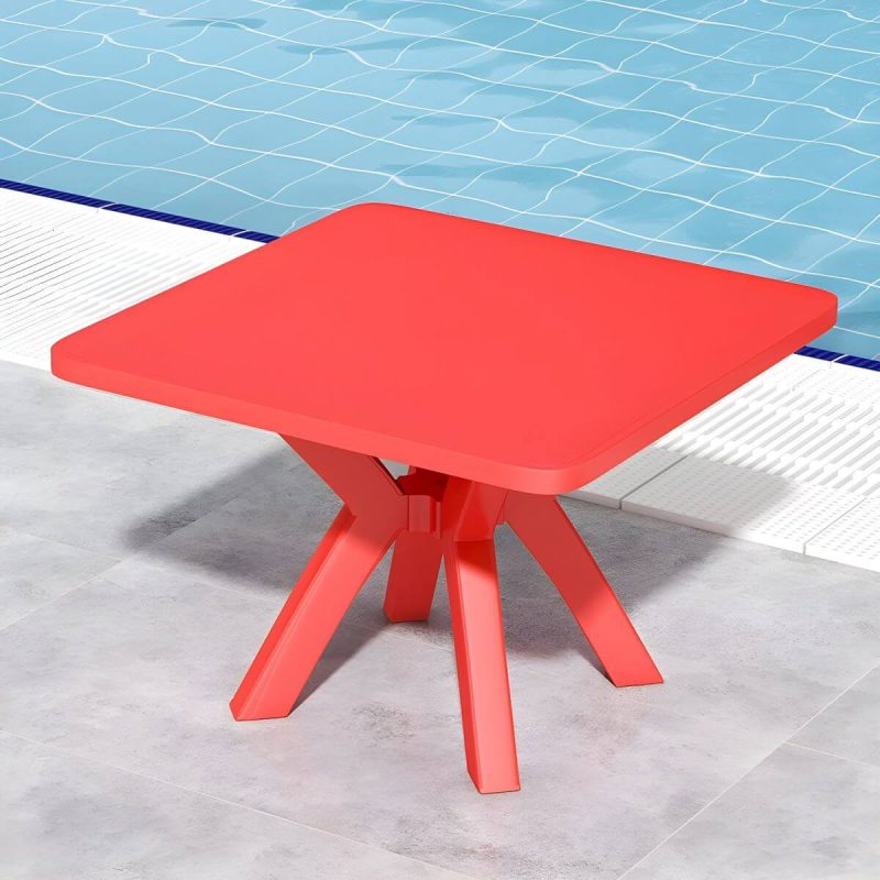 "Minimalistic Square Dining Table Plastic Outdoor Dining Table - Red Table Only"