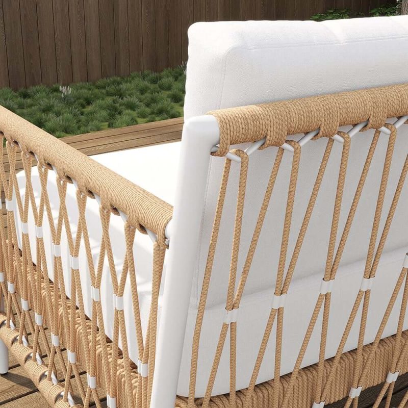 "Ropipe Outdoor Armchair with Hand Woven Rope & White Polyester Cushion"