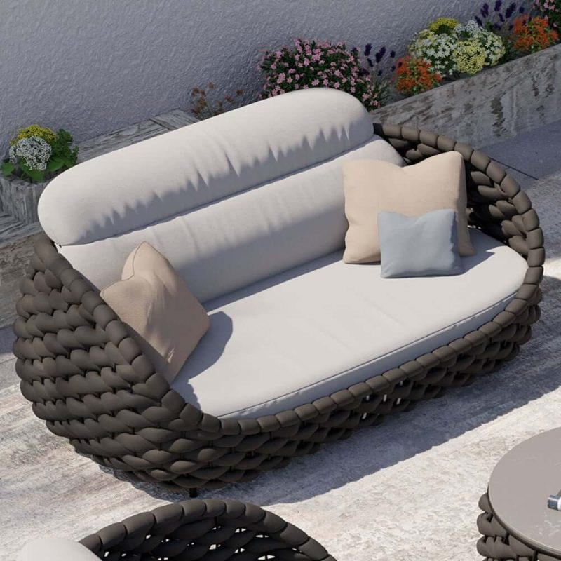 "Tatta 2-Seater Woven Rope Outdoor Sofa Patio Loveseat Removable Cushion Gray & Black"