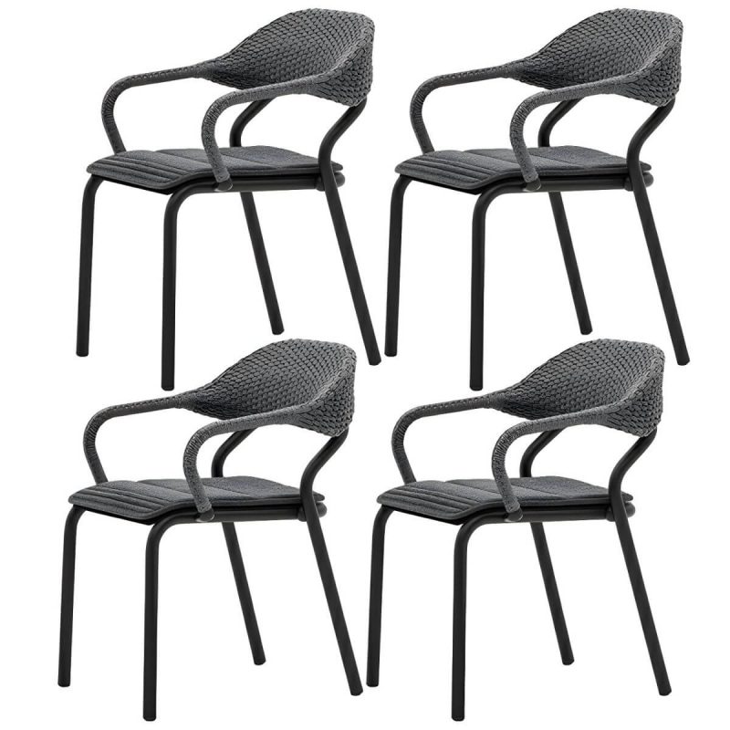 "Modern Gray Metal Patio Dining Arm Chair with Wicker Rattan Back - 4 Piece Set"