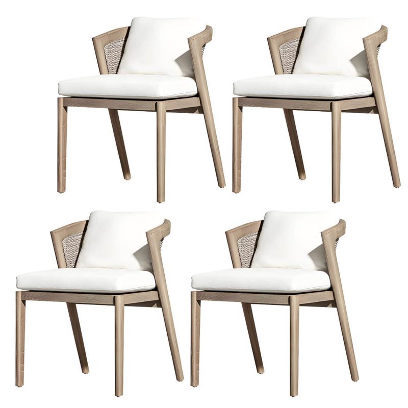 "Modern Brown Wood Side Chair with Wicker Back and Beige Cushions - 4 Piece Set Armless"