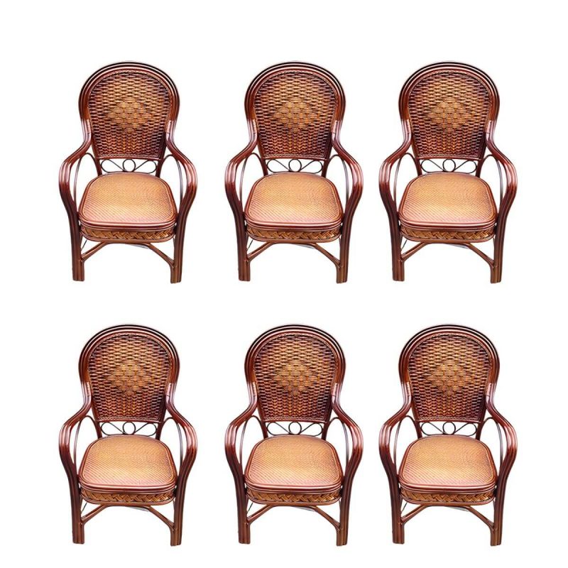 "Traditional Patio Dining Armchair in Rattan Single Outdoor Chair - Dark Coffee Rattan Weaving 6 Piece Set"