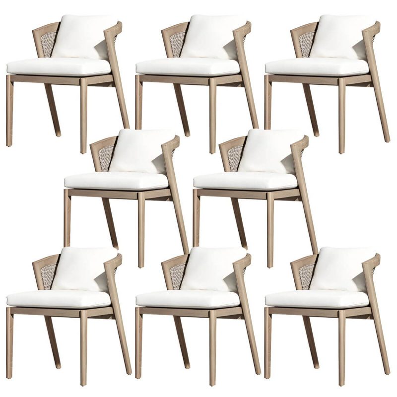 "Modern Brown Wood Side Chair with Wicker Back and Beige Cushions - 8 Piece Set Armless"