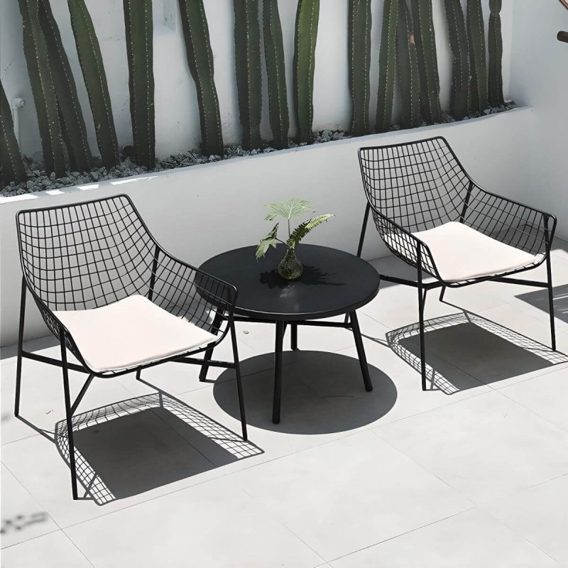 "Industrial Style Courtyard Sofa Set Metal with Round Coffee Table - 3-Piece Set(2 Chairs & 1 Coffee Table) Black"