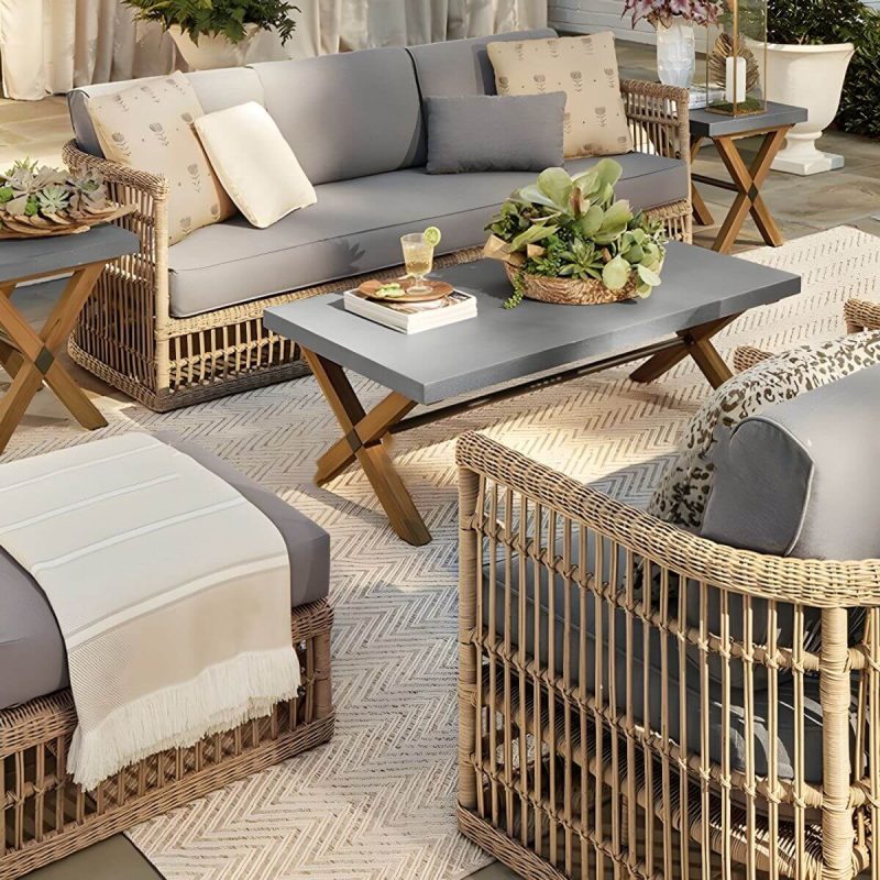 "Modern White Upholstered Wicker/Rattan Sofa with Waterproof Cushions and Pillows - 1-Seater Sofa"