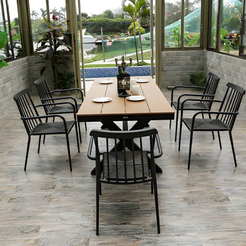"Brown Wooden Patio Table Contemporary Style in Rectangular Shape - Table Only 79"L x 35"W x 30"H"