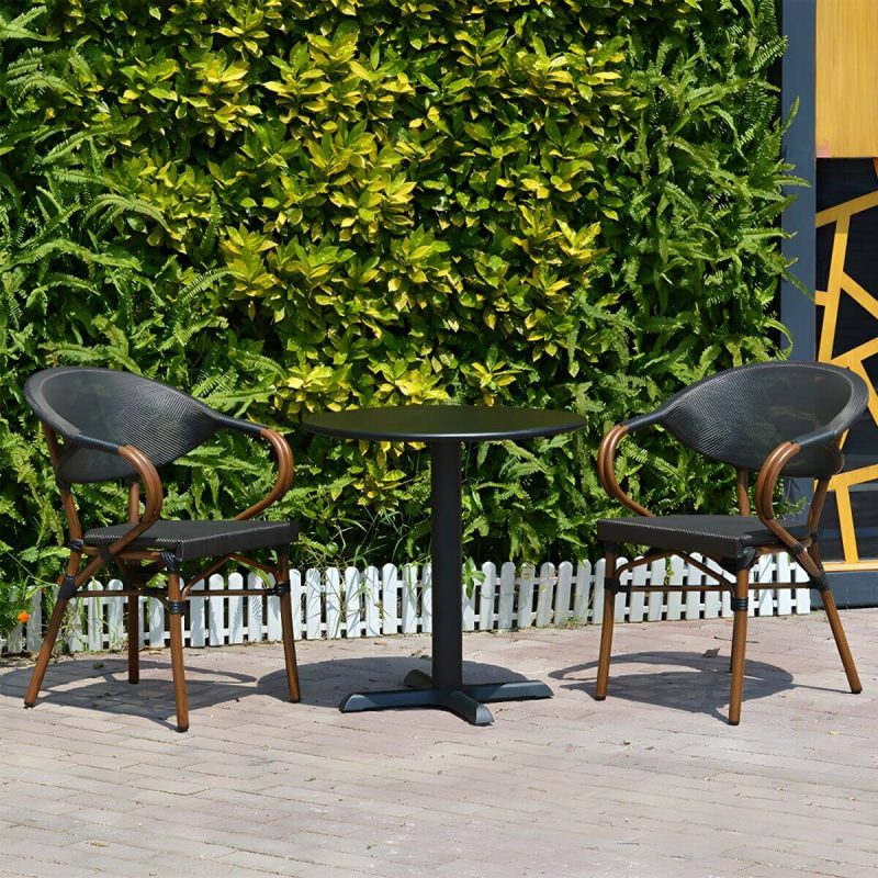 "Modern Brown Wicker/Rattan Patio Dining Set with Stackable Chairs, Metal Table Base - Table & Chair(s) 28"L x 28"W x 29"H 2"