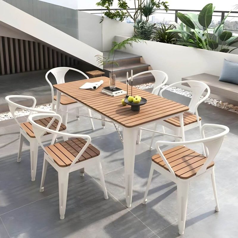 "Industrial Brown Wood Patio Dining Table without Umbrella Hole and UV Resistant Finish - 47.2"L x 23.6"W x 29.5"H White Table Only"