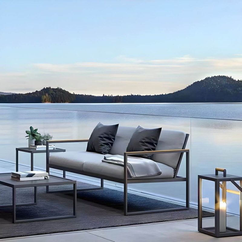 "Black Metal Patio Sofa Symmetrical with Cushions for Outdoor - 3-Seater Sofa"