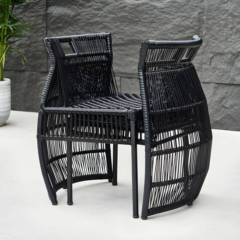 "Modern Black Round Shape Dining Room Chair and Table Set with Woven Chairs - Table & Chair(s) 2"