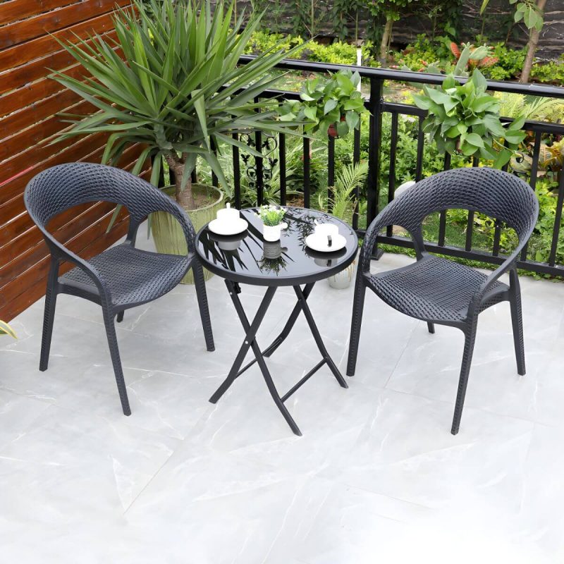 "Contemporary Black Plastic Outdoor Bistro Chairs with Arms and 4 Legs - 8 Piece Set"