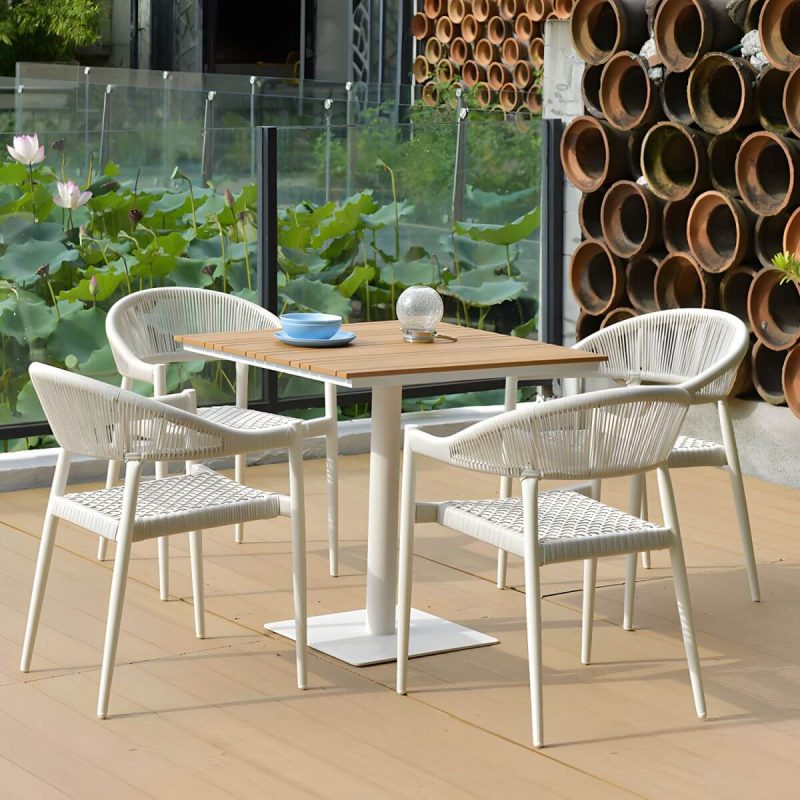 "Weatherproof White Wicker Patio Dining Set with Set of Stackable Chairs - Table & 4 Chairs 31.5"L x 31.5"W x 29.1"H"