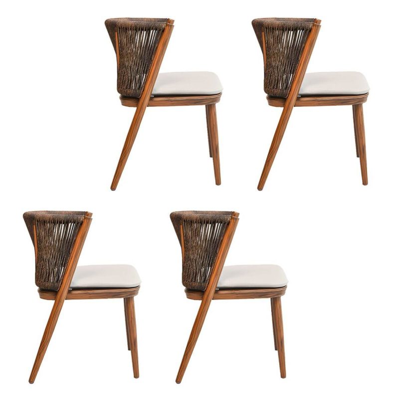 "Coastal Aluminum Arm Chair with Brown Wicker Back and Beige Cushions for Patio Dining - Dark Brown 4 Piece Set"