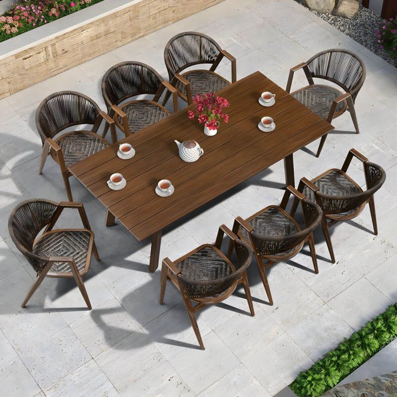 "Mid-Century Modern Metal Patio Dining Set with Non-Upholstered Wicker Chairs - Table & 8 Chairs 81"L x 39"W x 28"H Nut-Brown"