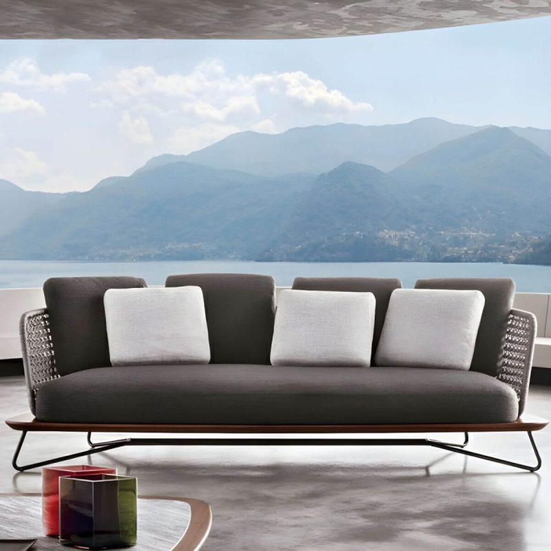 "Brown Upholstered Wicker/Rattan Modern Sofa with UV and Water Resistant Cushions and Pillows - 3-Seater Sofa"