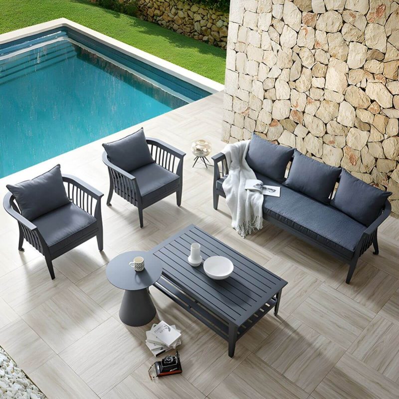 "Gray Modern Aluminum Sofa with Cushions Water Resistant for Outdoor - 3-Seater Sofa"