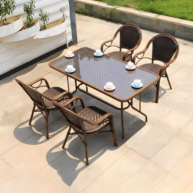 "Modern Brown Glass Top Patio Table Set Metal 4 Legs for Outdoor - Table & Chair(s) 59.1"L x 35.4"W x 29.5"H 4"