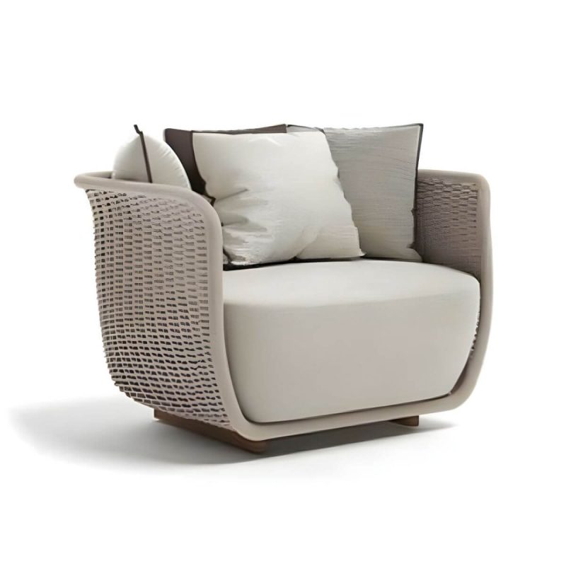 "Waterproof Wicker/Rattan Modern Sofa with Upholstered Cushions and Pillows - Teak Frame - Apricot 1-Seater Sofa"