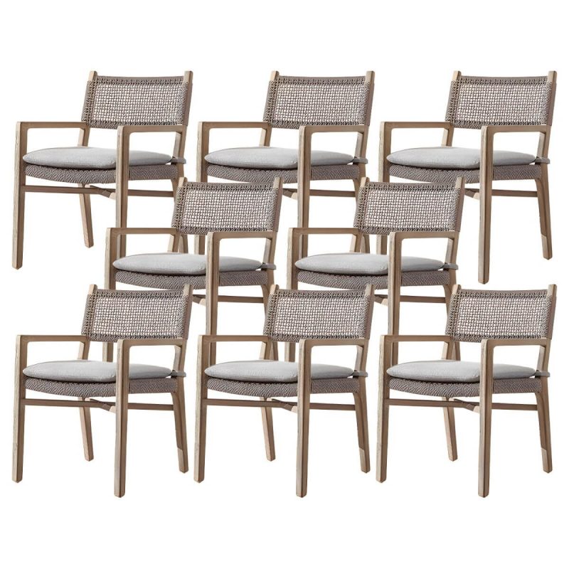 "Traditional Teak Natural Solid Wood Stacking Upholstered Outdoor Bistro Chairs - 8 Piece Set With Arms 45 Density Foam"