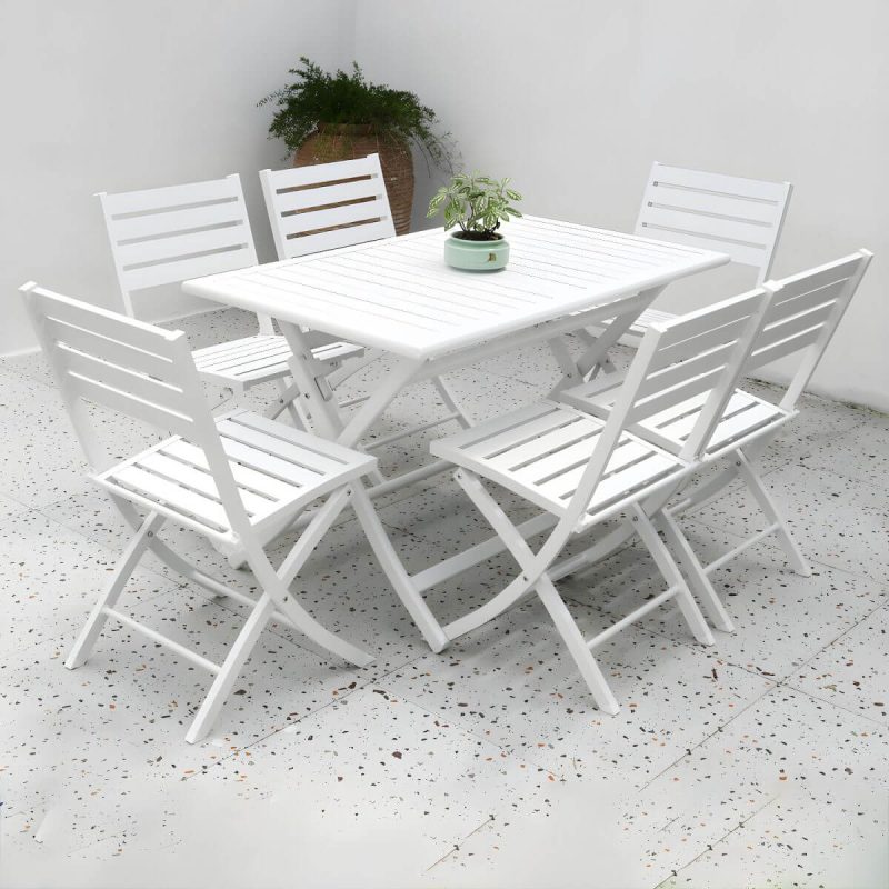 "Metal Modern Folding Patio Dining Set with Strap Back Chairs - Table & Chair(s) 47.2"L x 27.6"W x 28.5"H 6 White"