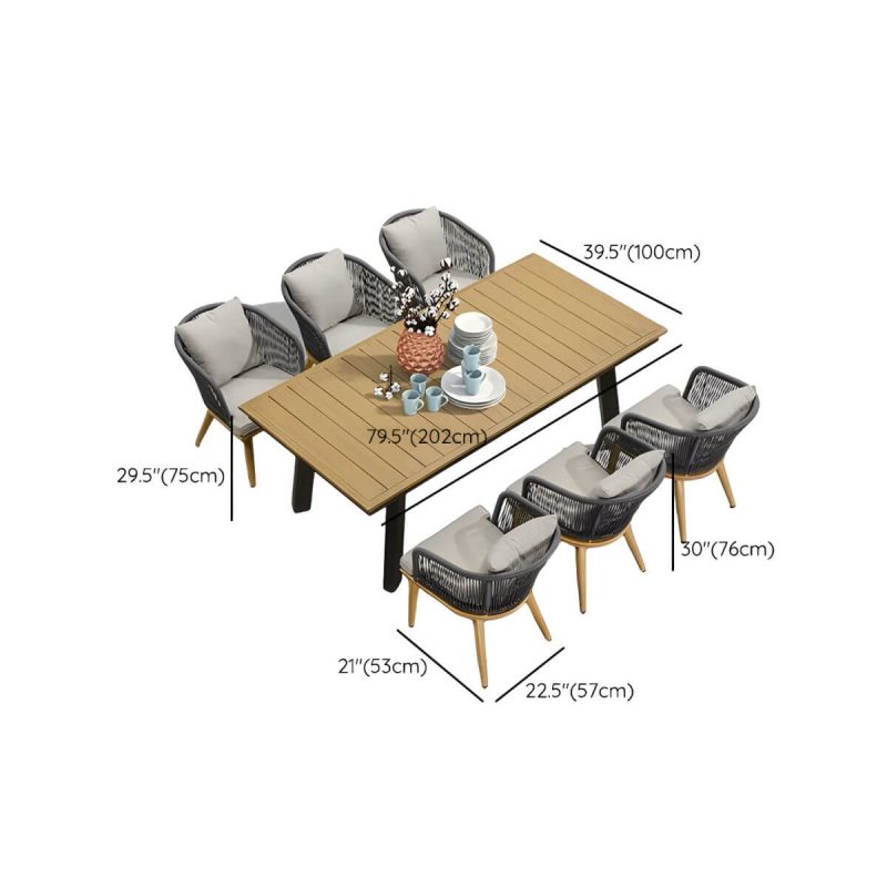 "Dimension of Modern Black Patio Dining Set: Metal Frame, Upholstered White Cushions, Leaf Not Included - Table & 6 Chairs 80"L x 39"W x 30"H"