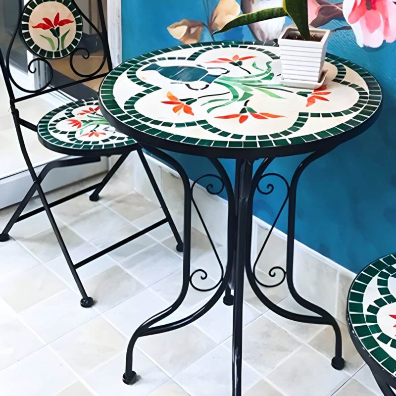 "French Country Metal Patio Table Round Outdoor Iron Dining Table - Table Only Green"