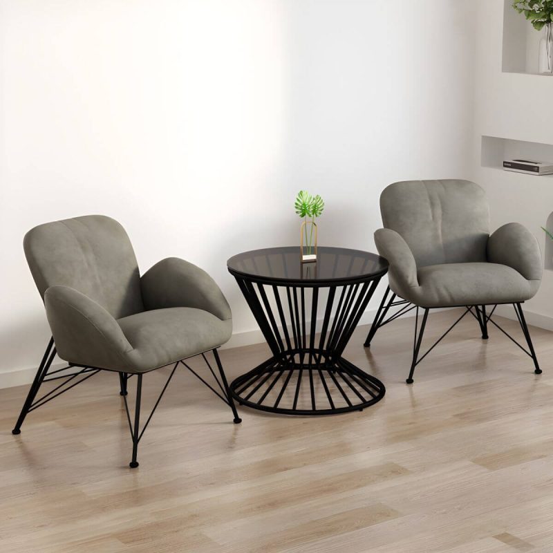 "Contemporary Outdoor Dining Table Furniture Set with Black Round Top for Courtyard - Table & Chair(s) 2 Grey"