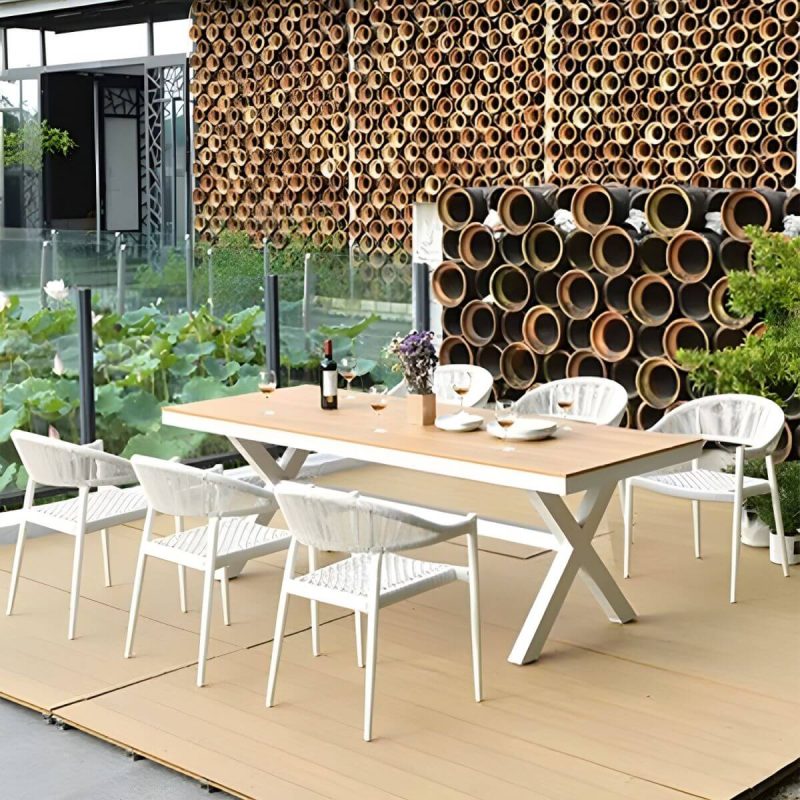 "Weatherproof White Wicker Patio Dining Set with Set of Stackable Chairs - Table & 6 Chairs 87"L x 30"W x 29"H"