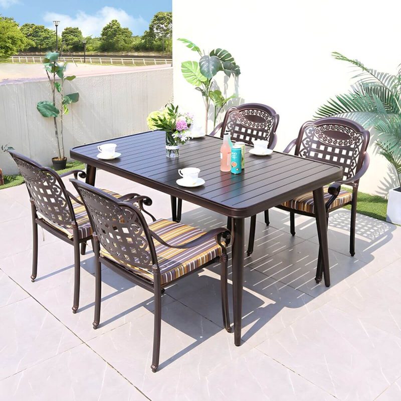 "Modern Brown Patio Dining Set with Upholstered Chairs and Weatherproof Metal Frame - Table & Chair(s) 59.1"L x 35.4"W x 29.5"H 6"