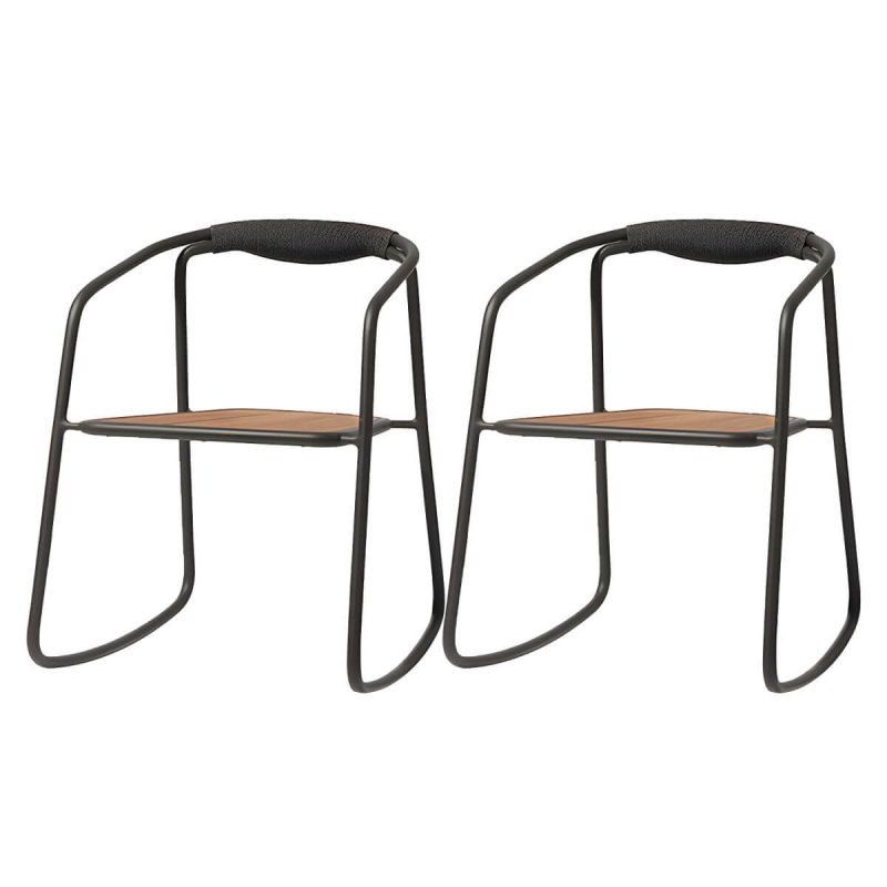 "Farmhouse Aluminum With Arm Open Back Stacking Patio Dining Chair - 2 Piece Set Black Teak"
