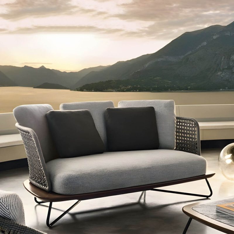 "Brown Upholstered Wicker/Rattan Modern Sofa with UV and Water Resistant Cushions and Pillows - 2-Seater Sofa"