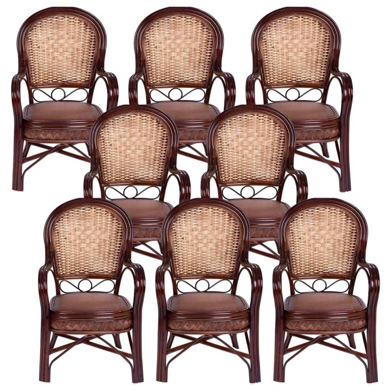 "Traditional 40.55" Height Solid Color Rattan Outdoor Dining Armchair - Burgundy 8 Piece Set"