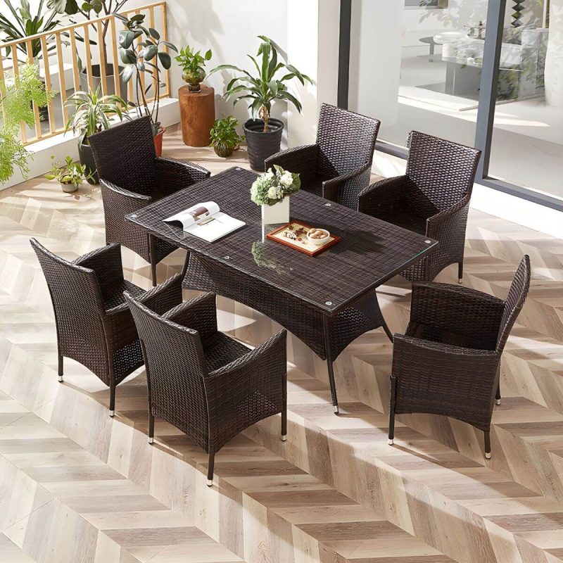 "Modern Style Dining Set Glass Top 5/7 Pieces Water Resistant Dining Set - Table & Chair(s) 6 Rectangular Clear-Brown"