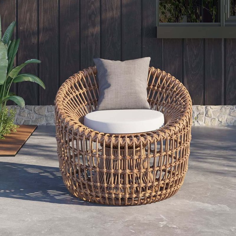 "Austen Rattan Outdoor Barrel Chair Nest Shape Sidechair with Cushion in Brown"