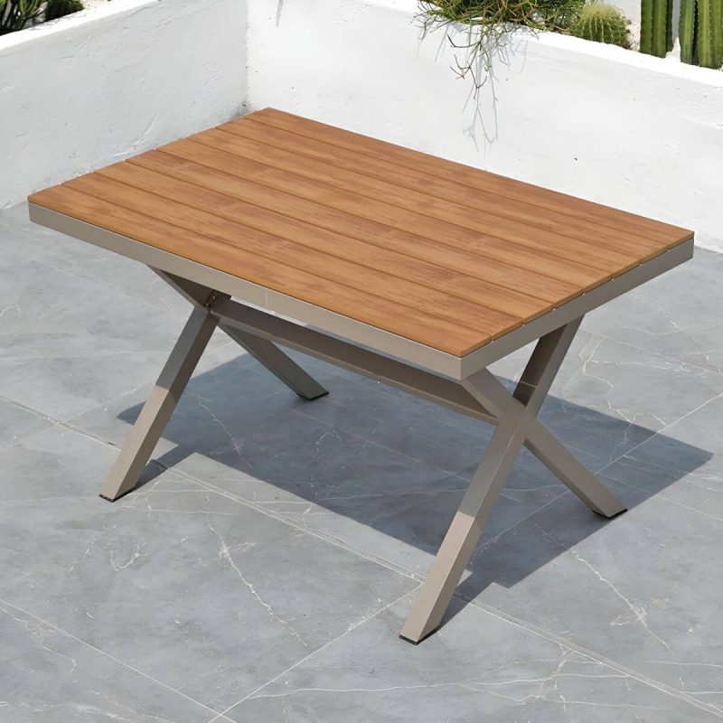 "Modern Wood Patio Dining Table with Aluminum Frame in Gray Color - Table Only 51.2"L x 31.5"W x 29.5"H Natural Finish Rectangular"